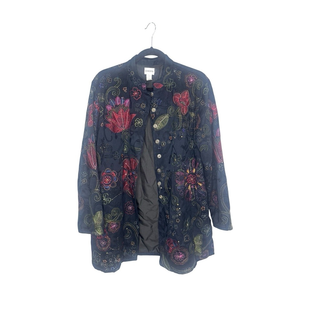 Chico's Size 2 US L Embroidered Duster Jacket 100% Cotton Boho Art to Wear Indie